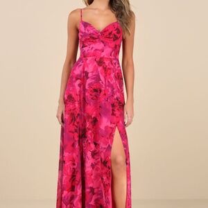 Lulus Beautiful Soul Fuchsia Floral Print Twist-front Maxi Dress Pink - Size S